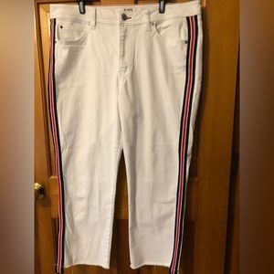 White EV1 ,Capri jeans with red and blue stripes on sides! Never worn, like new!